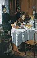 The Luncheon, 1868, Städel, which features Camille Doncieux and Jean Monet, was rejected by the Paris Salon of 1870 but included in the first Impressionists' exhibition in 1874.[50]