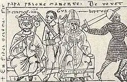 A miniature depicting Henry crowned man and Clement III wearing a tiara, each sitting on a throne. Two armed men are in the background.