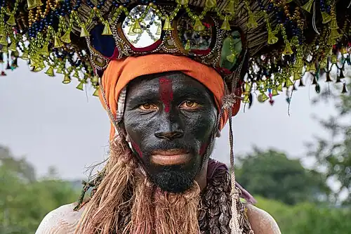 A member of the Gond tribe during the Dandari festival in Jainoor, Telengana. Some 8.6% of India's population belong to tribal groups. The supercontinent Gondwana is named after the Gond region of India. Their religion predates the Hindu synthesis of the mid-first-millennium BCE.