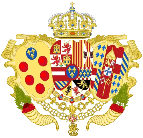 Coat of arms as Infante of Spain, Sovereign Duke of Parma, Piacenza and Guastalla, and Grand Prince and Heir of Tuscany (1731–1735)[76]