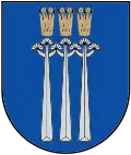 A coat of arms depicting three golden crowns with five spikes protruding from their tops all on a blue background