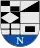 A coat of arms depicting a white "N" on a blue background at the bottom and a series of black and white shapes at the top