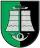 A coat of arms depicting a grey boat hovering over two partitions of grey water that are themselves hovering over a grey horn all on a green-and-black background