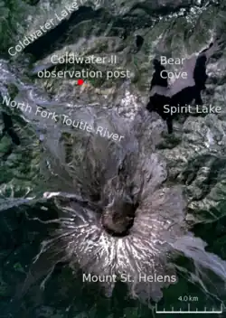Satellite image of the area surrounding Mount St. Helens, labeled with various locations. The primary locations marked are: Mount St. Helens (in the center of the volcano there is a circular black crater); and to the north of the volcano the Coldwater II observation post, where Johnston was camped. The other locations marked are three lakes (Spirit Lake, Bear Cove, and Coldwater lake) and a river (North Fork Toutle River).