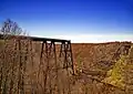 A trestle bridge across an autumnal valley at left ends in a drop off at center, with collapsed remnants at right, all under a bright blue sky