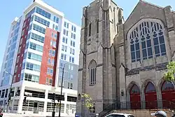Photograph of downtown Columbia, Missouri and Missouri United Methodist Church
