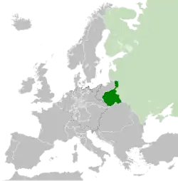 Map of Congress Poland, c. 1815, following the Congress of Vienna. The Russian Empire is shown in light green.
