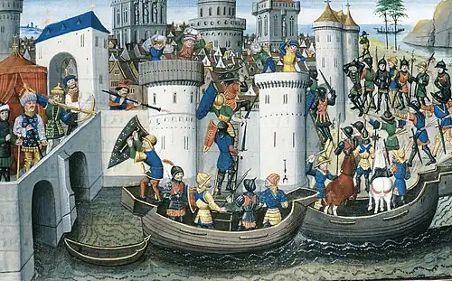 A miniature depicting armed men on ships and ladders at a heavily fortified city defended by soldiers wearing turban