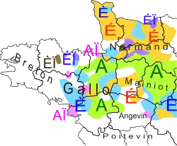 Map of western France showing differences in the pronunciation of the word “haie” across regions.