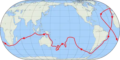A map of the entire globe, with lines showing the track of Cook's first voyage