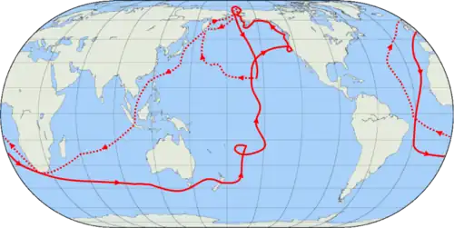 A map of the entire globe, with lines showing the track of Cook's third voyage