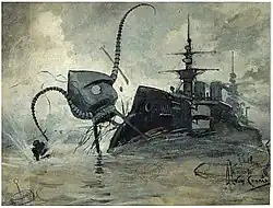 The warship HMS Thunder Child confronts a Martian fighting machine (Henrique Alvim Corrêa 1906)