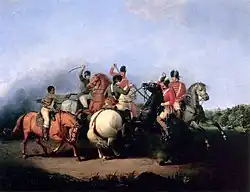 A close-up of a cavalry melee on large horses with sabers and pistols drawn; Three redcoats center-right are engaging two Patriots in blue along with an African-American in a brown linen shirt and white pants, with his pistol drawn and leveled at a redcoat.