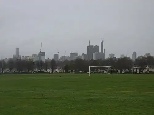 The emerging cluster in Croydon town centre which includes Saffron Square (134m), Queen's Quarter building 1 (114&nbsp;m) and 101 George Street (135.6&nbsp;m). Under construction is the now complete College Road Tower (150&nbsp;m)