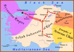 A map of western Anatolia, showing the routes taken by Christian armies during the crusade of 1101
