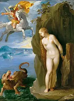 Giuseppe Cesari, Perseus and Andromeda, 1602. The hero is shown riding Pegasus, the flying horse, in a departure from classical myth.[1]