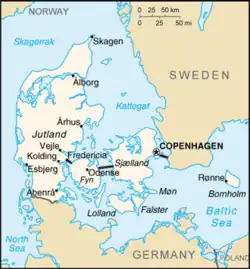 A labelled map of Denmark