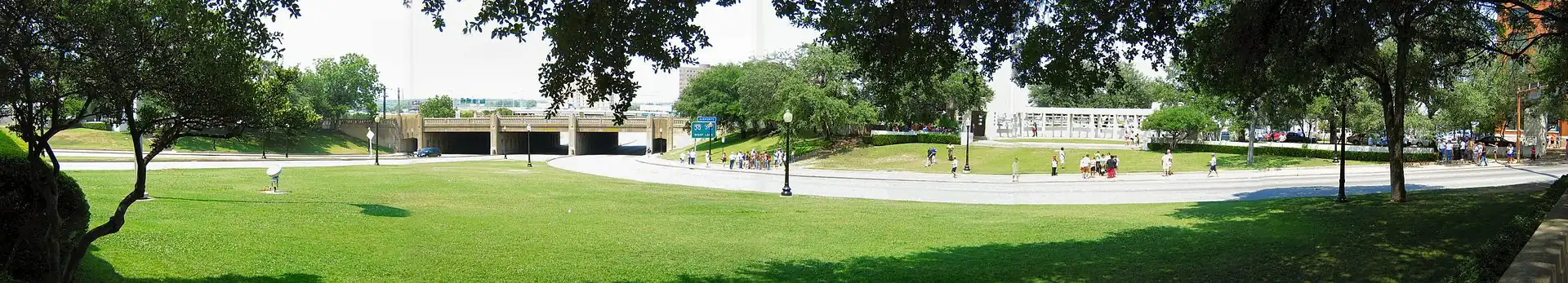 A panoramic view of Dealey Plaza, Dallas, Texas, the location where President John F. Kennedy was assassinated on November 22, 1963.