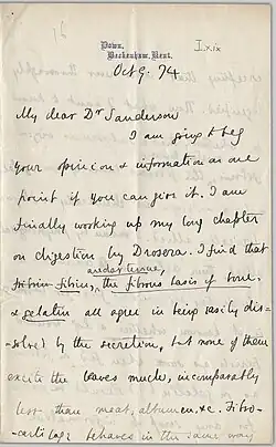 handwritten letter from Charles Darwin to John Burdon-Sanderson dated 9 October 1874