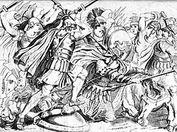 Black and white sketch of men in plumed Greek helmets fighting against Persians in plain steel helmets