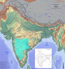 The Deccan Plateau (cyan) forms a major part of Deccan Peninsula