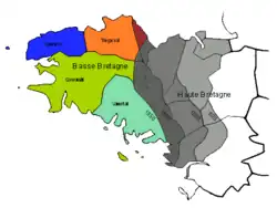 Map of Brittany showing the progressive retreat of the Breton language.