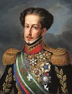 Half-length painted portrait of Pedro, wearing a uniform with gold epaulettes and the Order of the Golden Fleece on a red ribbon around his neck and a striped sash of office across his chest