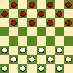 8×8 board, starting position in English, Brazilian, Czech, Tanzanian draughts and Russian draughts, as well as Pool checkers