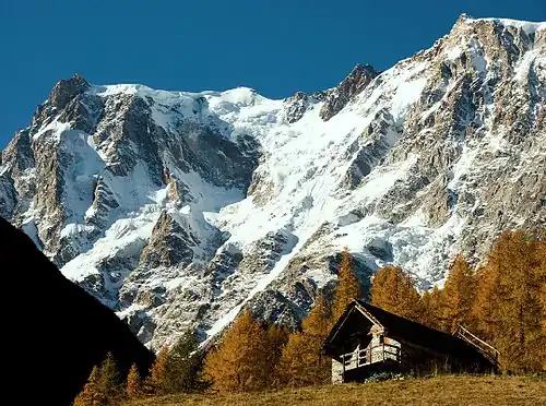 Monte Rosa's 2,400-metre-high (7,900&nbsp;ft) east face, as seen from the upper end of Valle Anzasca (Piedmont, Italy)