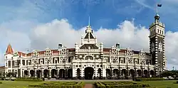 Dunedin railway station, built in 1906, is famed for its "gingerbread" architecture.