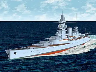 A 3-D model of a Dunkerque-class battleship rendered with flat shading