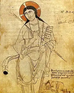 Saint Dunstan, then artist-Abbot of Glastonbury, prostrates himself before a giant Christ. Inscribed "Remember, I beg you, merciful Christ, to protect Dunstan, and do not permit the storms of the underworld to swallow me up". Later he became Archbishop of Canterbury. c. 950 (cropped at bottom).