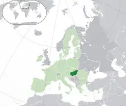 Location of&nbsp;Hungary&nbsp;(dark green) –&nbsp;in Europe&nbsp;(green &&nbsp;dark grey) –&nbsp;in the European Union&nbsp;(green)&nbsp; –&nbsp; [Legend]