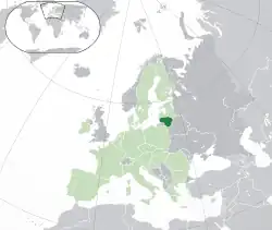 Location of&nbsp;Lithuania&nbsp;(dark green) –&nbsp;in Europe&nbsp;(green &&nbsp;dark grey) –&nbsp;in the European Union&nbsp;(green)&nbsp; –&nbsp; [Legend]