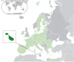 Location of&nbsp;Malta&nbsp;(green circle) –&nbsp;in Europe&nbsp;(light green &&nbsp;dark grey) –&nbsp;in the European Union&nbsp;(light green)&nbsp; –&nbsp; [Legend]