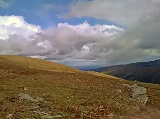 A view of a valley from a barren mountain summit with brown and yellow ground covering