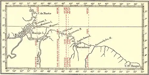 Various Spanish and Portuguese reckonings of the Tordesillas line (1495–1545) marked along the Brazilian coast, from Harrisse