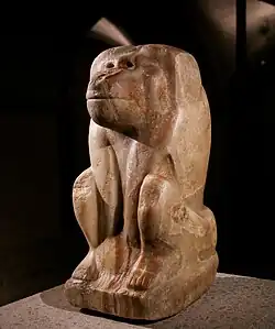Baboon Divinity bearing name of Pharaoh Narmer on its base; c.&nbsp;3100&nbsp;BC; calcite; height: 52&nbsp;cm; Egyptian Museum of Berlin (Germany)