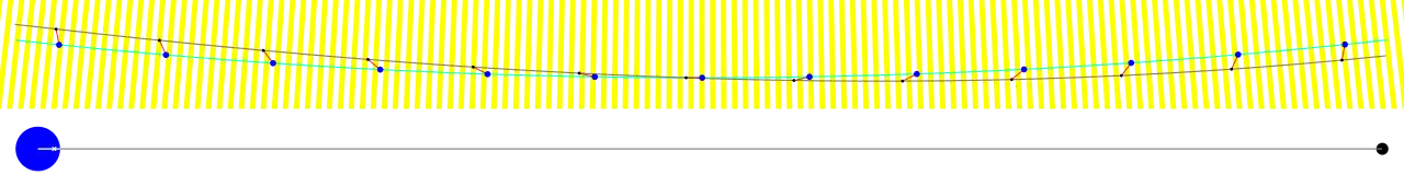 Top: A section of Earth's and Moon's trajectories around the Sun over 13 days (streaks: direction of the Sun), with Earth and Moon not to scale., Bottom: The barycentre is marked on a distance and size scale.