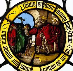 German glass, Nuremberg, after a drawing by Sebald Beham, c. 1525. Silver stain produces a range of yellows and gold, and painted on the reverse of the blue sky, gives the dark green of the cross.[16]