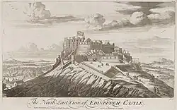 Engraving of a castle on top of a steep hill, above the title "The North East View of Edinburgh Castle". On the castle flies a large Union Flag with Scottish saltire part of flag most visible.