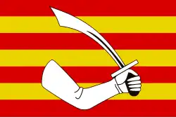 A flag used by Edmund Cooke, described as "red Colours striped with yellow, with a Hand and Sword for his devise".[50]