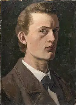 Self-Portrait, 1882, .mw-parser-output .frac{white-space:nowrap}.mw-parser-output .frac .num,.mw-parser-output .frac .den{font-size:80%;line-height:0;vertical-align:super}.mw-parser-output .frac .den{vertical-align:sub}.mw-parser-output .sr-only{border:0;clip:rect(0,0,0,0);clip-path:polygon(0px 0px,0px 0px,0px 0px);height:1px;margin:-1px;overflow:hidden;padding:0;position:absolute;width:1px}26&nbsp;cm ×&nbsp;19&nbsp;cm (10+1⁄4&nbsp;in ×&nbsp;7+1⁄2&nbsp;in), Munch Museum, Oslo