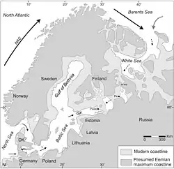 Map of the Baltic-White Sea region during the Last Interglacial (115-130,000 years ago), showing Lake Ladoga as part of a marine passageway between the Baltic and White Seas