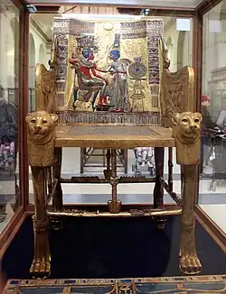The Throne of Tutankhamun; 1336–1327 BC; wood covered with sheets of gold, silver, semi-precious and other stones, faience, glass and bronze; height: 1&nbsp;m; Egyptian Museum (Cairo)