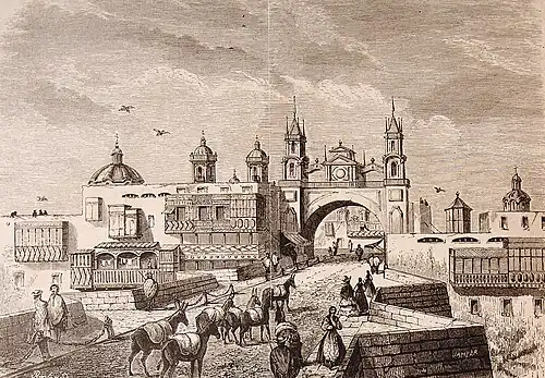 Puente de Piedra Bridge, the former Arco del Puente Gate and the Walls of Lima in 1878 by El Viajero Ilustrado. Old Fund of the University of Seville.[35]