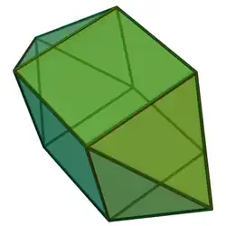 Elongated square dipyramid, a Johnson solid. Obtained by augmenting two opposite faces of a cube by equilateral square pyramids, the resulting polyhedron has eight triangles and four squares. It is D4h symmetry of order 16.[20][19]