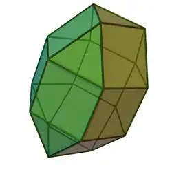An elongated triangular orthobicupola is a Johnson solid with 8 triangles and 12 squares. A similar Johnson solid with the same number and kinds of faces is an elongated triangular gyrobicupola, but its construction is shown differently by rotating one of its triangular cupola.