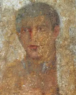 A Hellenistic encaustic portrait on a marble tombstone, 1st century BC, Roman Greece, Archaeological Museum of Thebes