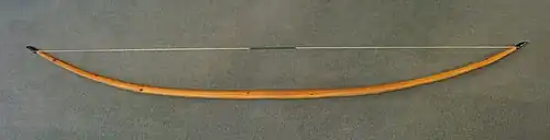English longbow made of yew. It is 6&nbsp;feet 6&nbsp;inches (1.98&nbsp;m) long with a draw force of 110 pounds-force (470&nbsp;N).